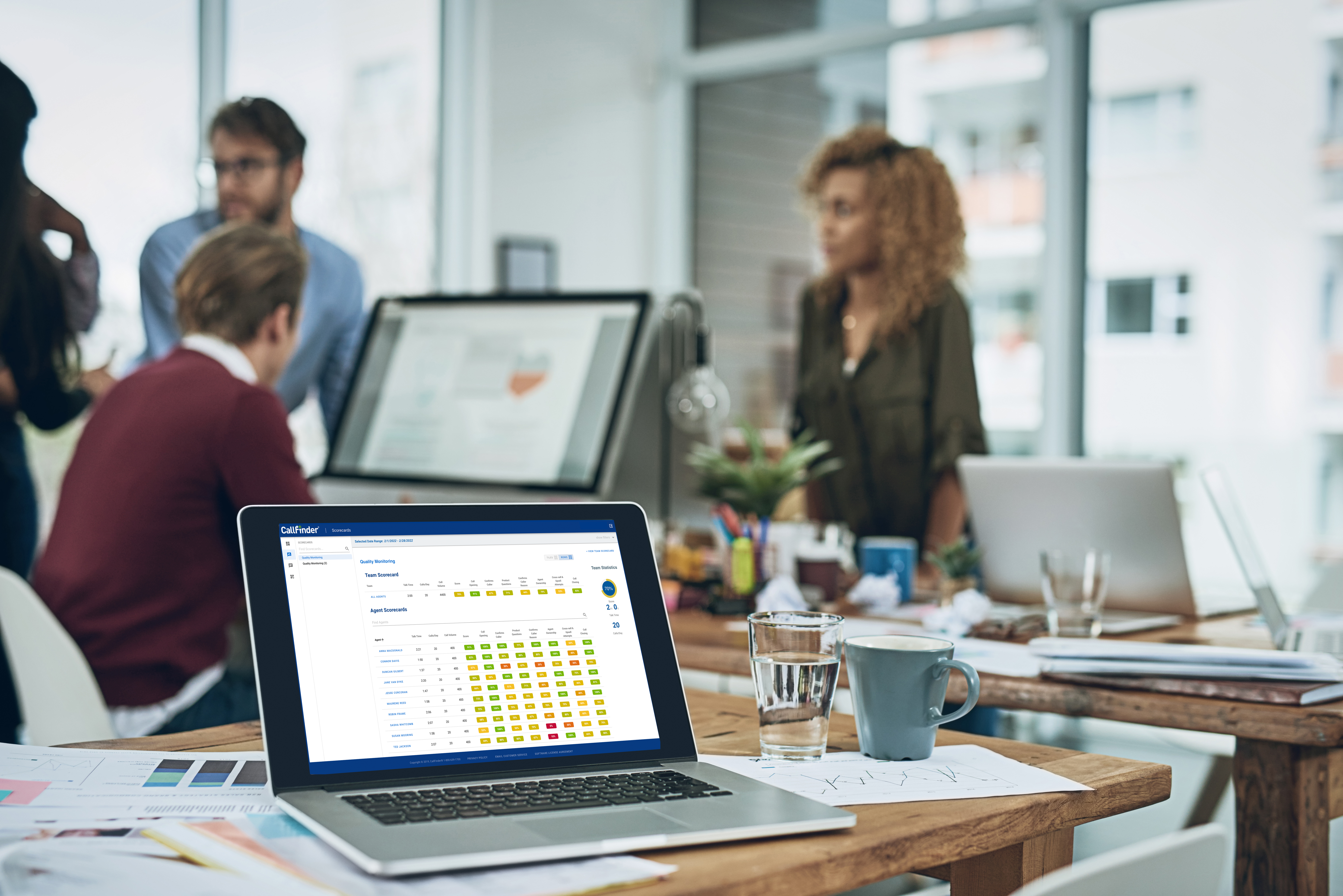 office scene with CallFinder speech analytics solutions in use